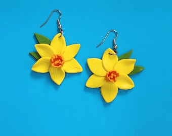 Daffodil Earrings | Handmade Yellow Flowers  | Hypoallergenic 304 Steel | Statement Dangles