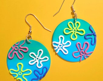 Spongebob Inspired Bikini Bottom Sky Earrings: Groovy Retro & Nostalgia Jewelry with Rainbow Flowers on Blue Green Base