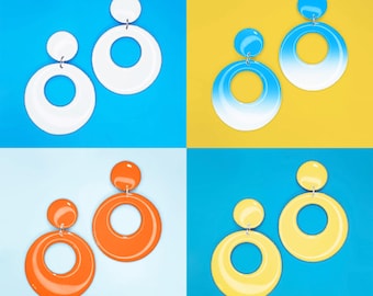 60s Mod Circle Earrings | White, Sky Blue, Orange, Yellow | Handmade Retro Jewellery with Titanium Studs