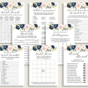 Navy Blush Floral Bridal Shower Games Bundle - Printable