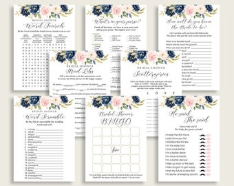 May include: A set of printable bridal shower games with a blue and pink floral design. The games include "Word Search", "Mad Libs", "Scattergories", "Word Scramble", "Bingo", and "He Said, She Said".
