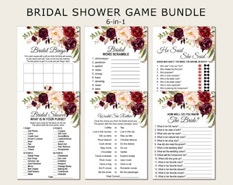 Herbst - Themen- Burgund Brautparty Spiele Bundle, Rot Rosa Spiele Paket, Spiele Set druckbar, Sofortiger Download