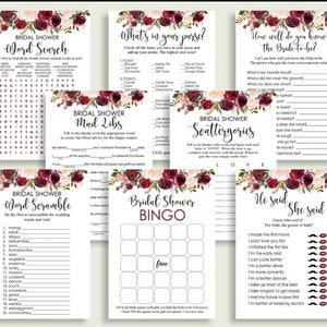 Burgundy Bridal Shower Games Bundle, Red Pink Games Package, Games Set Printable, Instant Download