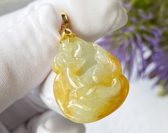 Waxy Ice Yellow Jadeite Pendant 糯冰黄翡9尾狐狸吊坠 (DSR0468)