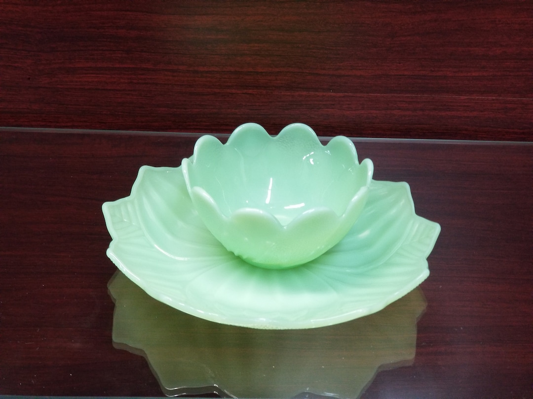 FIRE KING Jadeite Lotus Bowl and Plate Excellent Condition Etsy