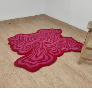 Irregular Shaped rug  Bright Red Pink Wool Carpet for home decor. Trendy Abstract Wool Rug, Handmade Carpet. Custom Carpet