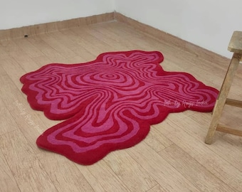 Irregular Handmade Wool Rug, Abstract Red Pink Carpet