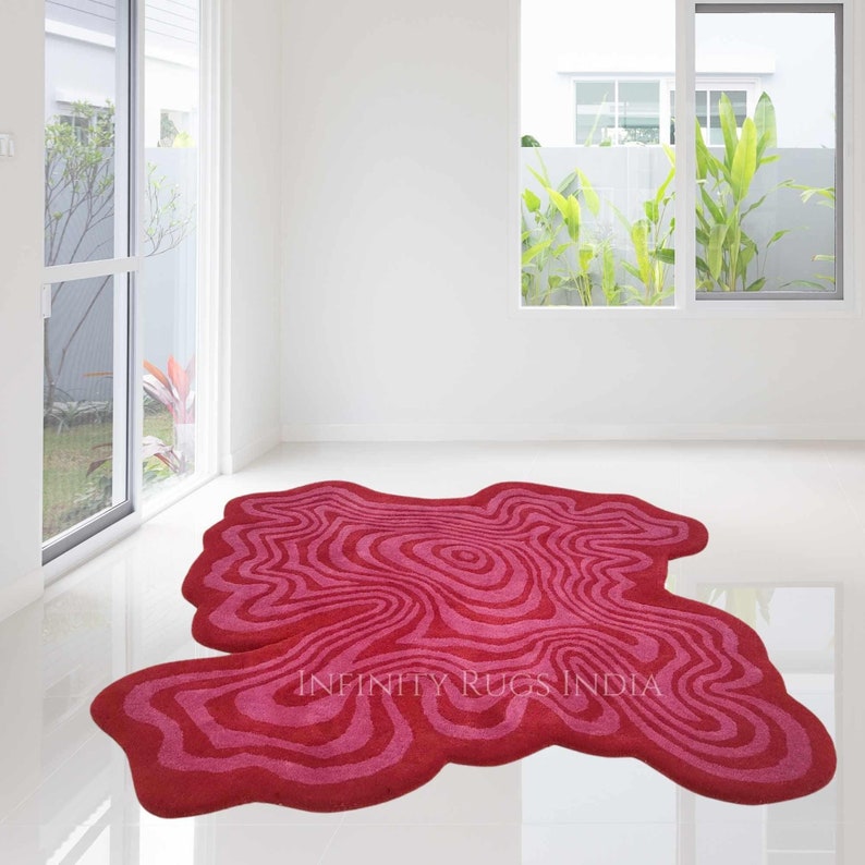 Irregular Wool Rug, Bright Red Pink Abstract Carpet, Handmade - Etsy