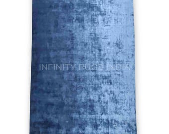 Blue Viscose Rug, Soft Handmade Silk Carpet