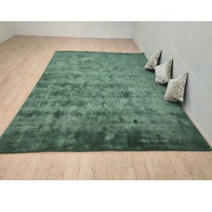 Puede incluir: Una alfombra de pelo verde con un aspecto desgastado sutil. La alfombra está colocada sobre un suelo de madera con cuatro almohadas decorativas en la esquina superior derecha.