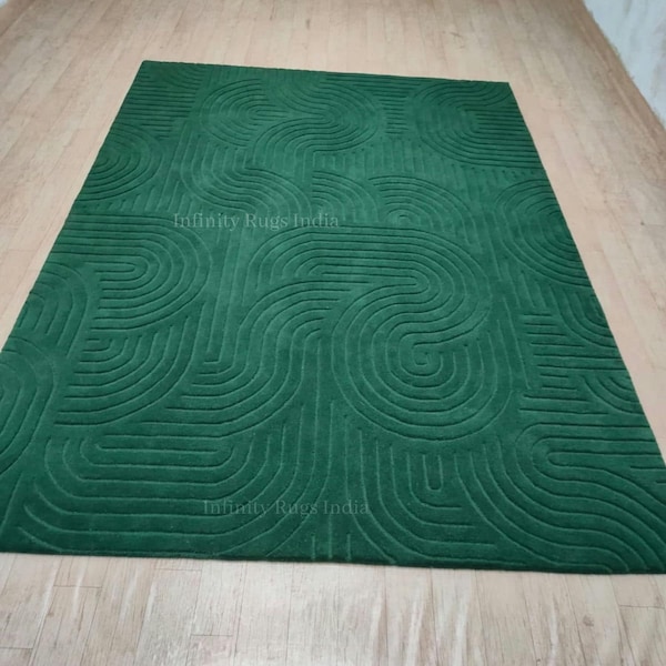 Green Area Rug for Living room. Handmade Wool Area rug for Bedroom. Indoor Carpet Soft carved wool Rug. Authentic soft sheep wool Carpet