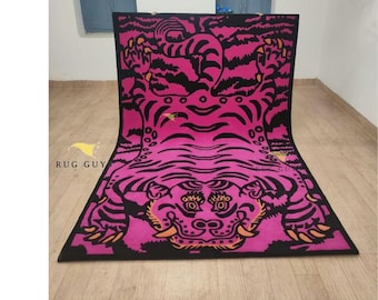 Hand Tufted Wool Rug, Pink Tiger Design, Tibetan Style