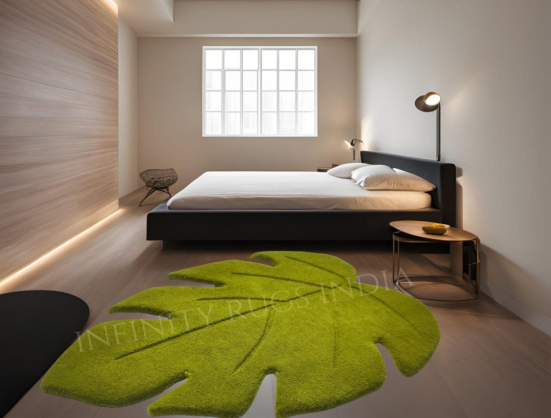 Green Leaf Shaped Rug for Bedroom. Handmade Wool Carpet for Living Room ...