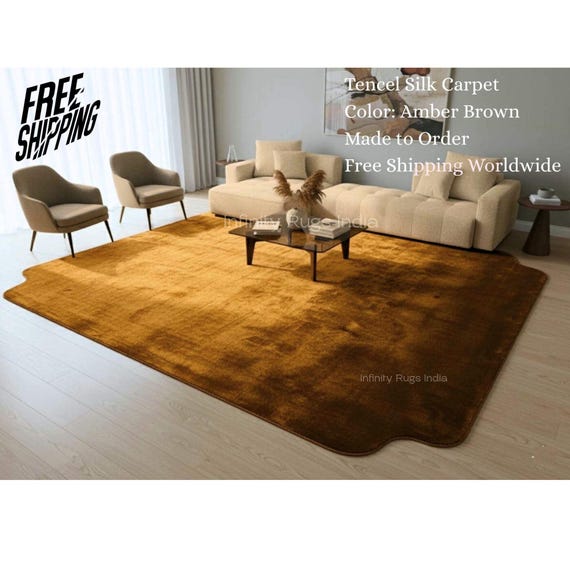Handloom Rug Amber Brown Tencel Silk Rug | Washable Area Carpet