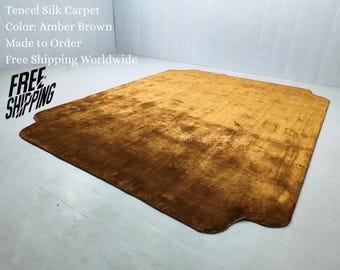 Hand-Loomed Amber Brown Tencel Silk Rug | Washable Area Carpet