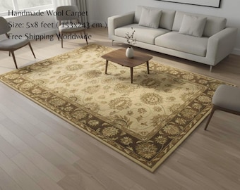 5x8 Beige Wool Carpet for indoor use. Persian Wool Carpet for living room. Handmade Persian Carpet