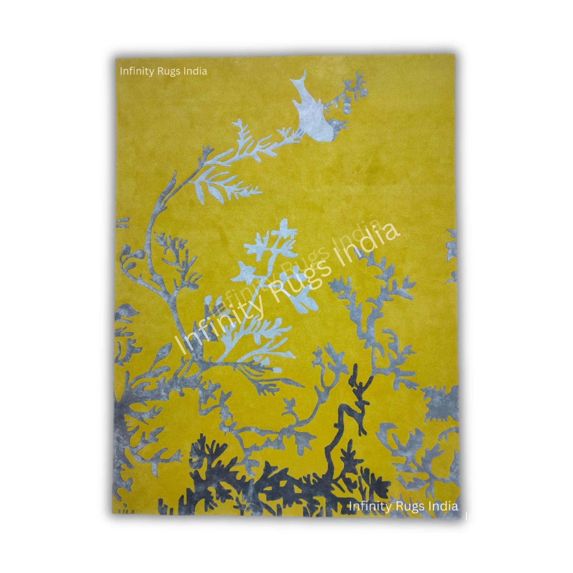 Yellow Rug. Wool and  silk Rug For Living room or Bedroom Floral Bird Rug for home decor Custom Carpet . All Size Avail Pure Tufted Wool Rug