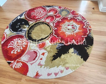 Tufted Wool Round Rug, Floral Circle Carpet, Handmade Entryway Rug