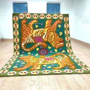 Green Tiger Rug Tufted Wool Rug For Living room Carpet for Bedroom, Area rug. Tibetan Design Carpet Premium Quality Wool Area Rug
