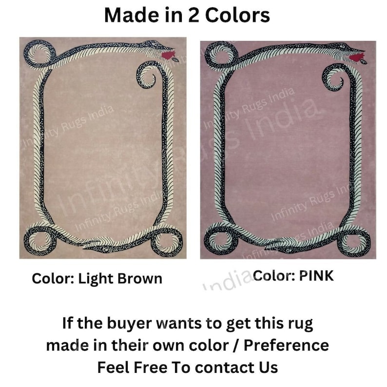 Może przedstawiać: Dwa obrazy dywanu z wzorem węża. Dywan po lewej stronie jest jasnobrązowy, a dywan po prawej stronie jest r&oacute;żowy. Tekst "Made in 2 Colors" znajduje się w g&oacute;rnej części obrazu. Tekst "Color: Light Brown" znajduje się pod dywanem po lewej stronie. Tekst "Color: PINK" znajduje się pod dywanem po prawej stronie. Tekst "If the buyer wants to get this rug made in their own color / Preference Feel Free To contact Us" znajduje się w dolnej części obrazu.