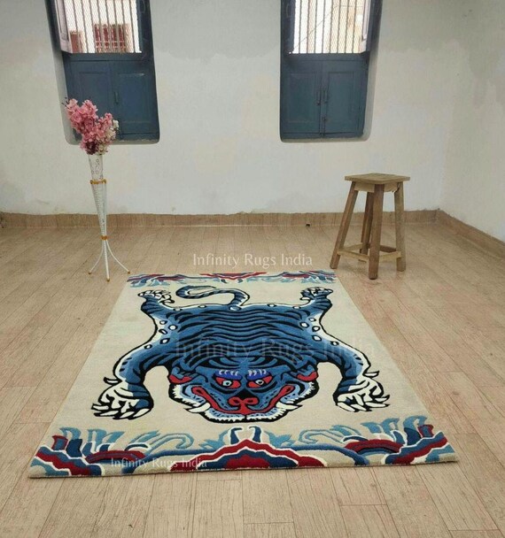Hand-tufted Wool Tiger Rug, Blue Tibetan Carpet - Etsy