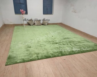 Alfombra de tencel verde, hecha a mano, anudada en telar, tamaño personalizado