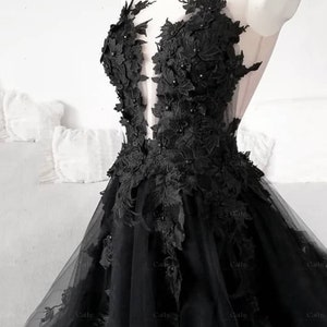 3D Floral Black Bridal Dress, Black Bridal Evening Dress, Tulle Prom Dress, Black Wedding Dress, Gothic Ballgown, Graduation Dress Plus Size image 3