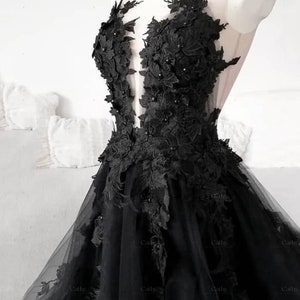 3D Floral Black Bridal Dress, Black Bridal Evening Dress, Tulle Prom ...