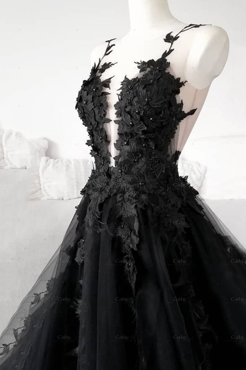 3D Floral Black Bridal Dress, Black Bridal Evening Dress, Tulle Prom Dress, Black Wedding Dress, Gothic Ballgown, Graduation Dress Plus Size image 3