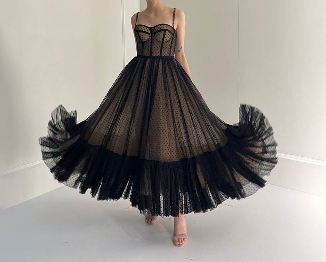 Black Dotted Tulle Midi Dress With Beige Lining, Corset Prom Dress ...
