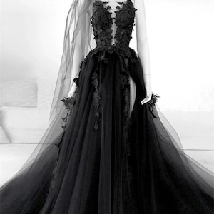 3D Floral Black Bridal Dress, Black Bridal Evening Dress, Tulle Prom Dress, Black Wedding Dress, Gothic Ballgown, Graduation Dress Plus Size