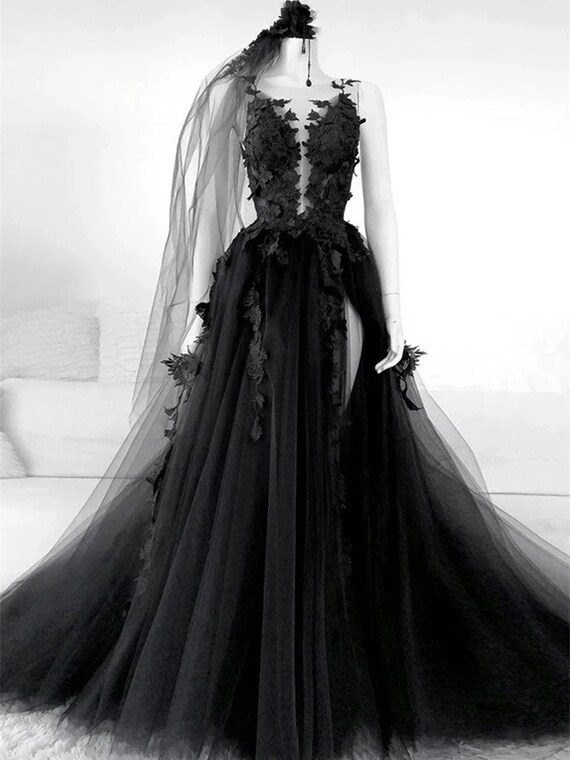 3D Floral Black Bridal Dress Black Bridal Evening Dress Tulle Prom Dress Black Wedding Dress Gothic Ballgown Graduation Dress Plus Size Etsy UK