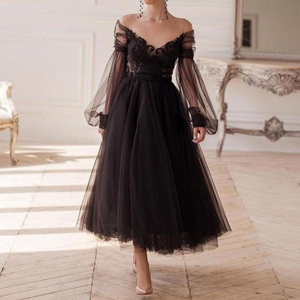 Black Tulle Midi Dress with Off Shoulder Puff Sleeves, Embroidered Bodice with V neck, Black Corset Midi Dress, Gothic Black Bridal Dress