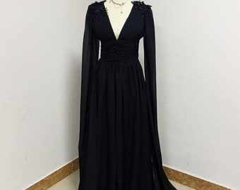 Robe en mousseline noire avec manches longues fendues, Robe de soirée, Robe de bal en tulle, Robe de mariée noire, Robe de bal, Robe de remise des diplômes, Grande taille