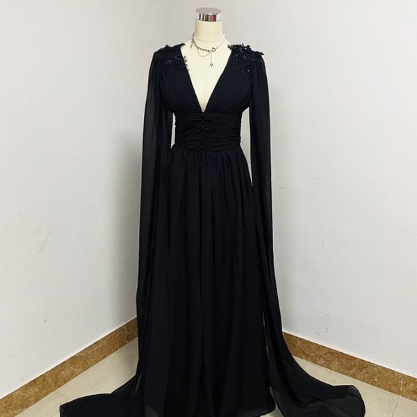 Black Chiffon Dress with High Slit Long Sleeves, Evening Dress, Tulle Prom Dress, Black Wedding Dress, Ballgown, Graduation Dress Plus Size