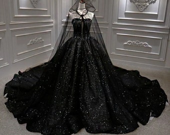 Black Sparkly Bridal Ballgown with Long Train, Off Shoulder Sparkly Dress, Black Wedding Dress, Gothic Ballgown, Bridal Photoshoot Dress