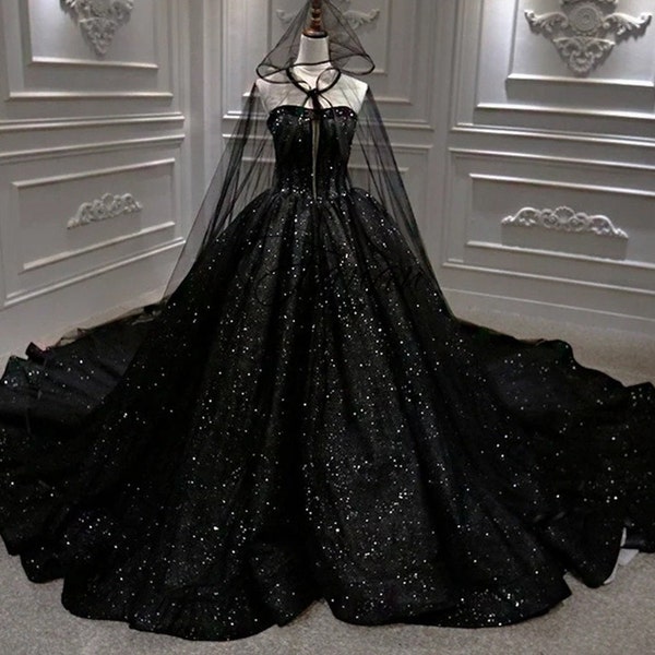Black Sparkly Bridal Ballgown with Long Train, Off Shoulder Sparkly Dress, Black Wedding Dress, Gothic Ballgown, Bridal Photoshoot Dress