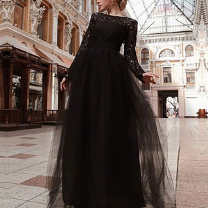 Black Lace Embroidered Bridal Dress with Tulle Skirt, Long Sleeves Wedding dress, Backless Black wedding Dress, Modest Ivory Bridal Dress