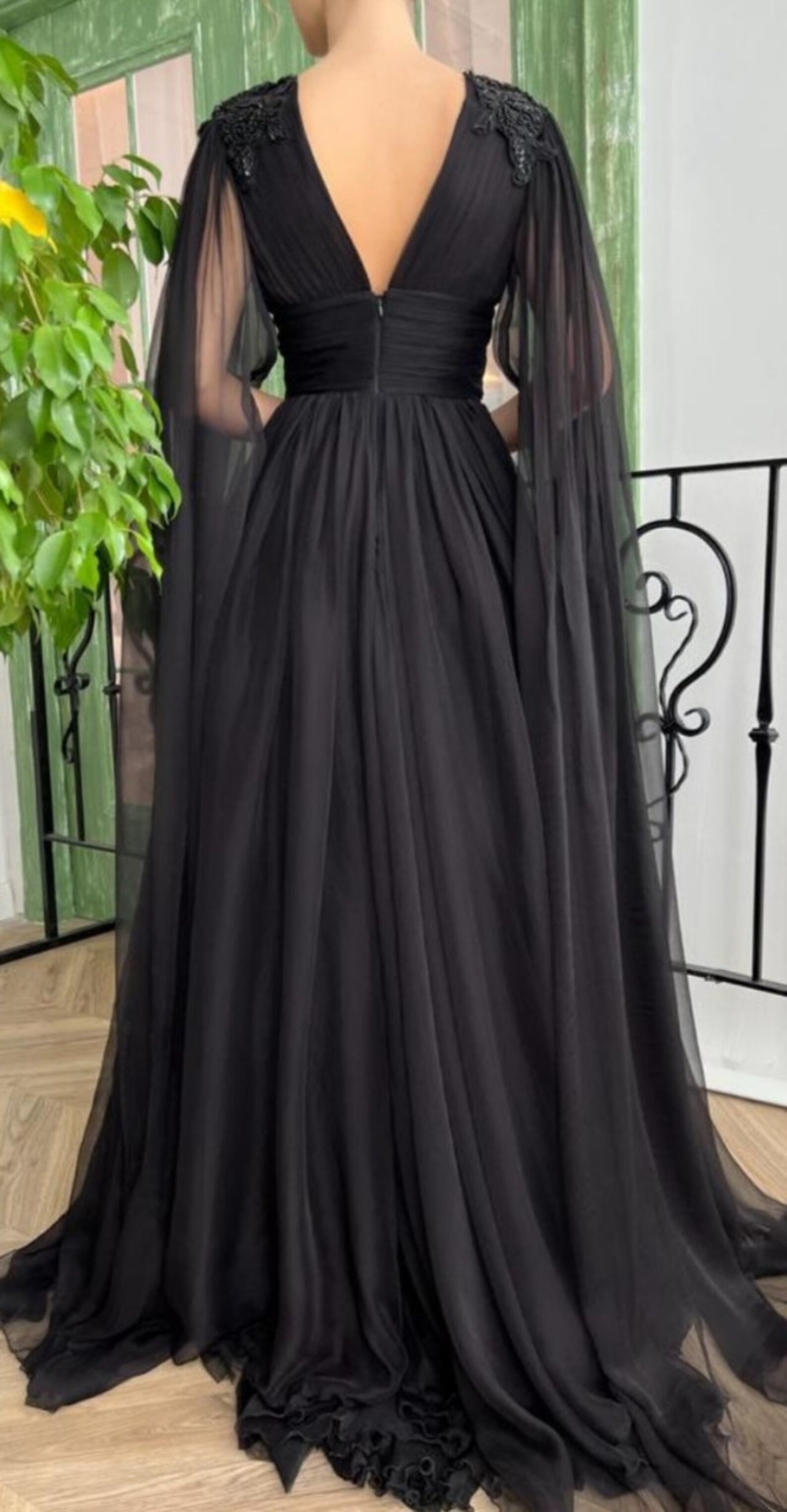 Black Chiffon Dress With High Slit Long Sleeves Evening - Etsy