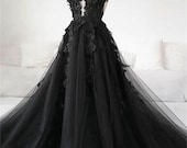 3D Floral Black Bridal Dress, Black Bridal Evening Dress, Tulle Prom Dress, Black Wedding Dress, Gothic Ballgown, Graduation Dress Plus Size
