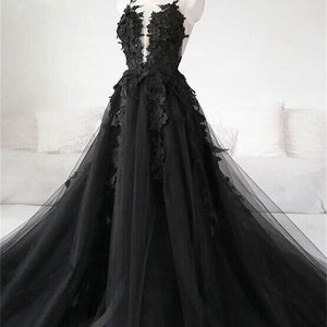 3D Floral Black Bridal Dress, Black Bridal Evening Dress, Tulle Prom Dress, Black Wedding Dress, Gothic Ballgown, Graduation Dress Plus Size