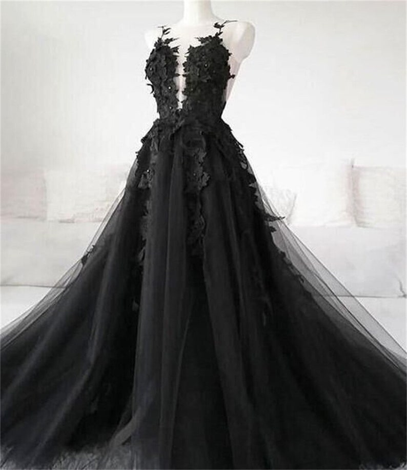 3D Floral Black Bridal Dress, Black Bridal Evening Dress, Tulle Prom Dress, Black Wedding Dress, Gothic Ballgown, Graduation Dress Plus Size image 1