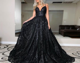Black Sparkly Bridal Dress with Pleated Waist Belt & Spaghetti straps, Tulle Black Corset Prom Dress, Black Wedding Dress, Gothic Ballgown