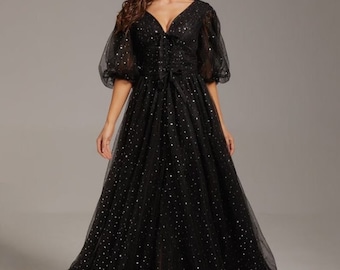 Black Starry Dress with High Slit And Puffy Sleeves, Evening Dress, Prom Dress, Black Wedding Dress with puffy sleeves, Formal Event Dress