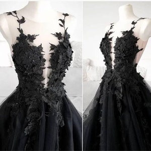 3D Floral Black Bridal Dress, Black Bridal Evening Dress, Tulle Prom Dress, Black Wedding Dress, Gothic Ballgown, Graduation Dress Plus Size image 2
