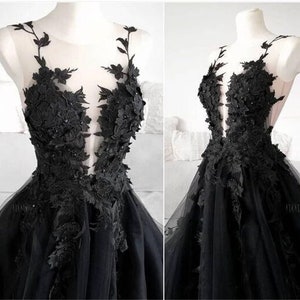 3D Floral Black Bridal Dress, Black Bridal Evening Dress, Tulle Prom ...