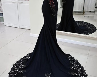 Backless Schwarz Braut Meerjungfrau Kleid, Schwarze Spitze Backless Kleid mit langen Ärmeln, Schwarzes Abendkleid, Sexy Schwarzes Brautkleid mit langer Schleppe