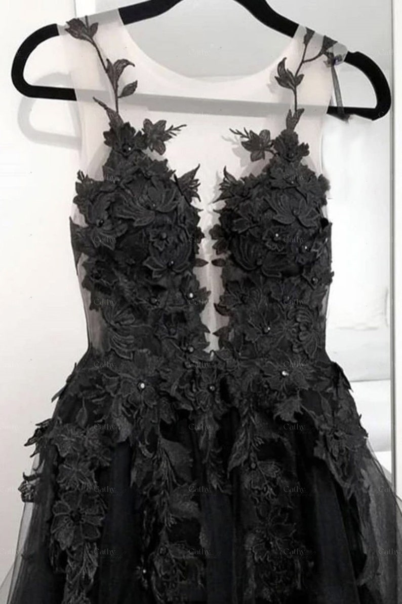 3D Floral Black Bridal Dress, Black Bridal Evening Dress, Tulle Prom Dress, Black Wedding Dress, Gothic Ballgown, Graduation Dress Plus Size image 4