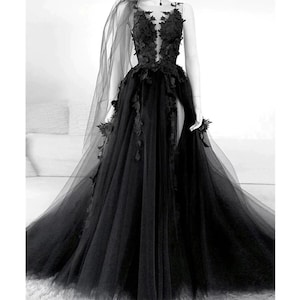 3D Floral Black Bridal Dress, Black Bridal Evening Dress, Tulle Prom Dress, Black Wedding Dress, Gothic Ballgown, Graduation Dress Plus Size image 6