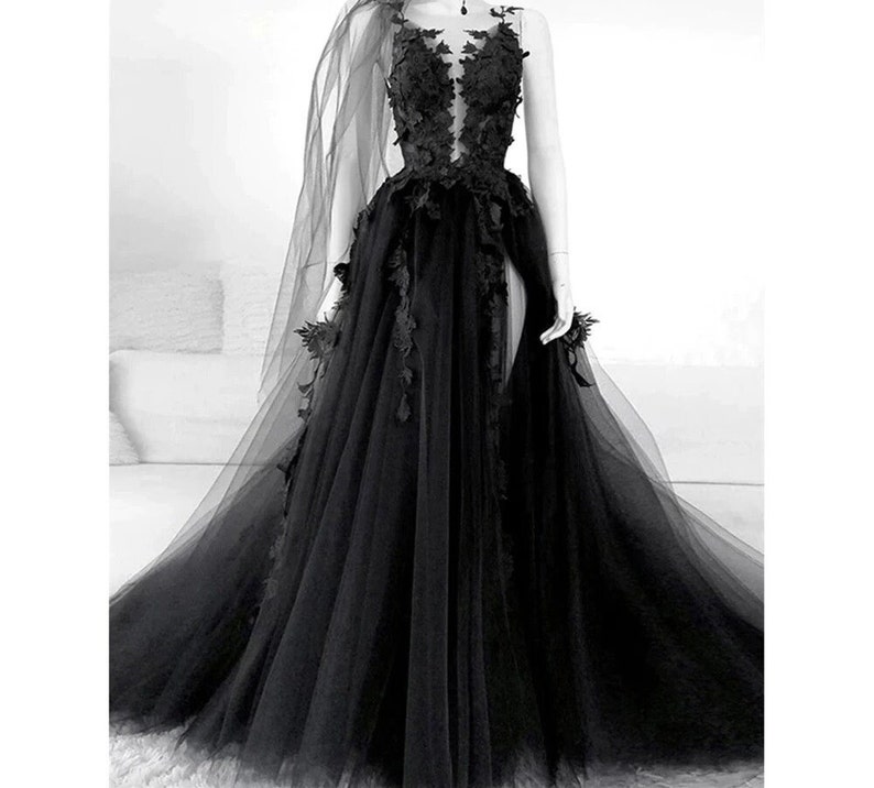 3D Floral Black Bridal Dress, Black Bridal Evening Dress, Tulle Prom Dress, Black Wedding Dress, Gothic Ballgown, Graduation Dress Plus Size image 6